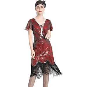 ❤️✨ Flapper Great Gatsby 1920s Retro Tassel Fringe Sequin Midi Red Dress M NEW